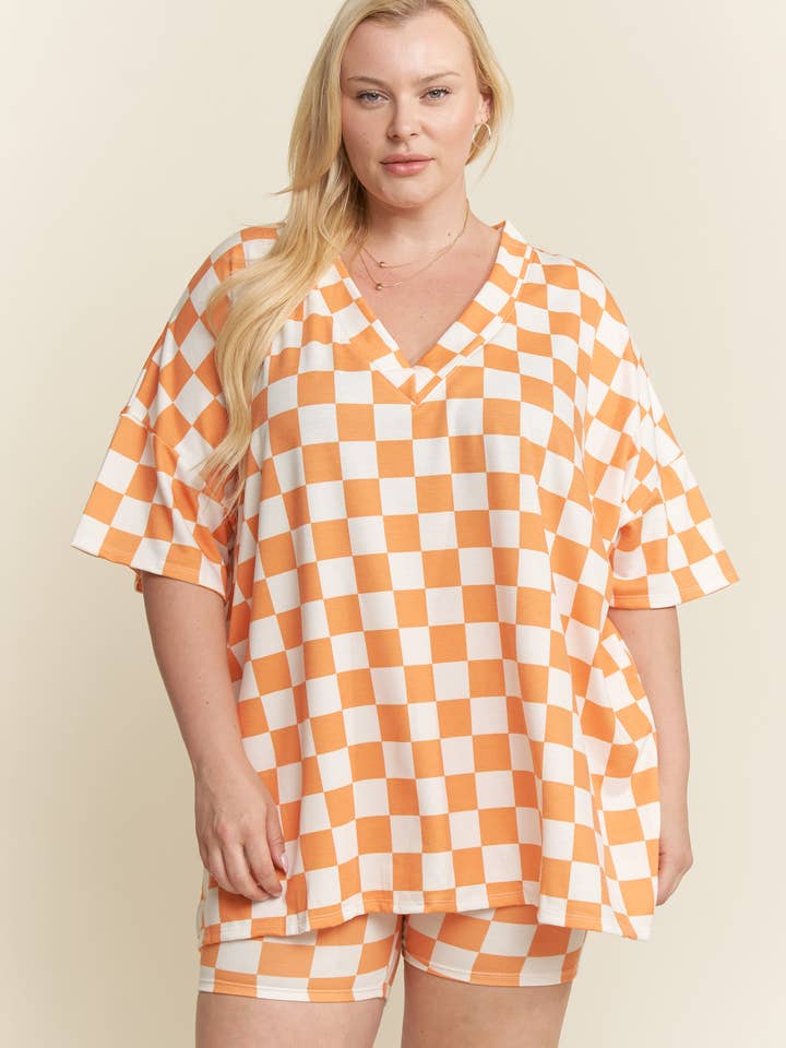 JADE BY JANE PLUS - Wholesale Lounge Set - Women's - PLUS SIZE SHORT SLV V-NECK / SHORTS CHECKERBOARD SET1