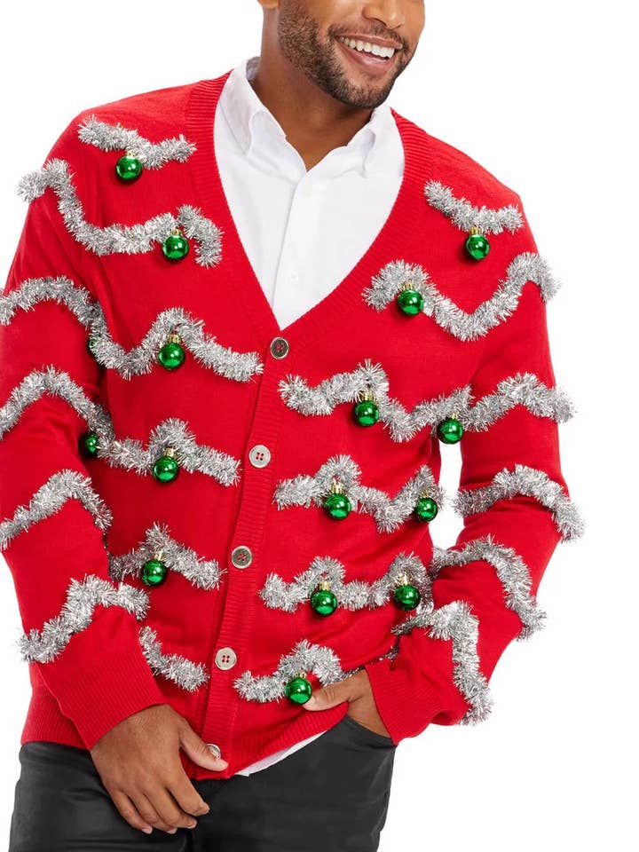 Tipsy Elves - Wholesale Cardigan - Men's - Tinsel Cardigan - Men's Festive Red Christmas Party Sweater0