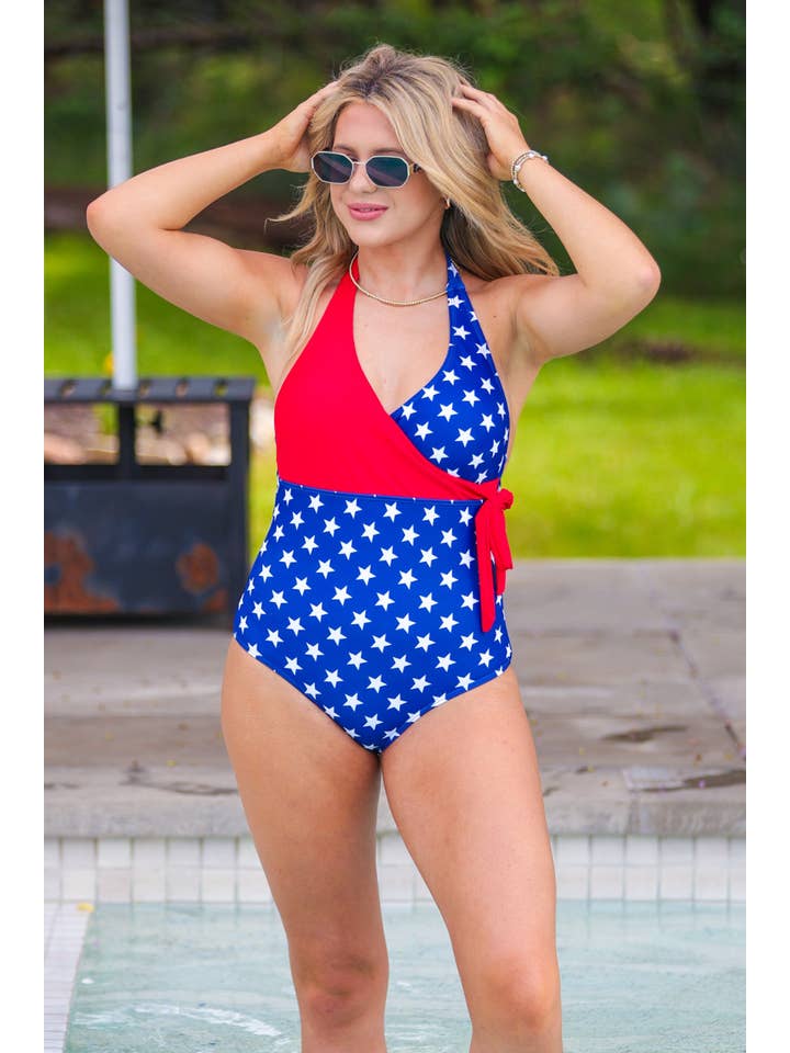 Red Blue Liberty Wave Halter Swimsuit, Red/Blue for wholesale on Faire13