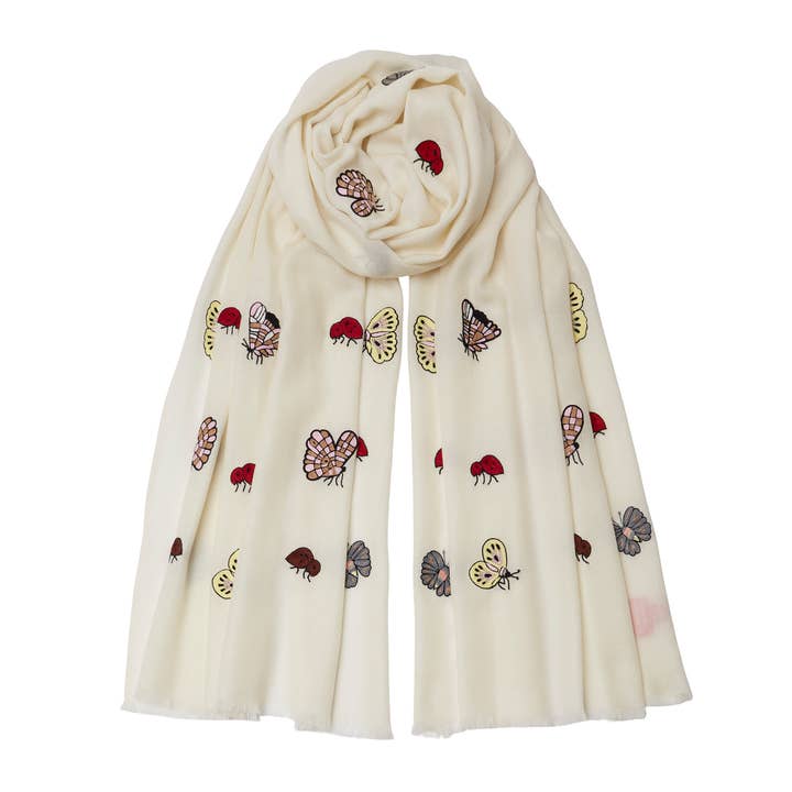 Embroidered Insect Pashmina Cashmere/Cotton - Cream for wholesale by Somerville Scarves