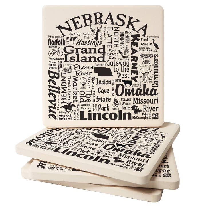 Conimar Promotions - Wholesale Coasters - "Nebraska Life" 4pk Square Stone Coaster Set 4.25"