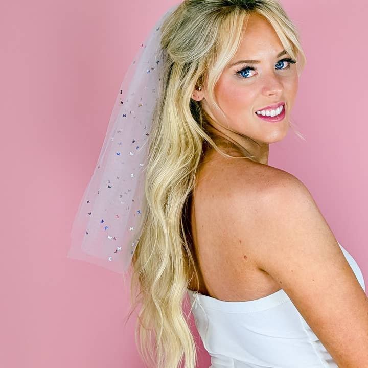 FashionMeme LLC - Wholesale Veil - Women's - Mini Bachelorette Veil Multi Color Confetti Butterfly Stars10