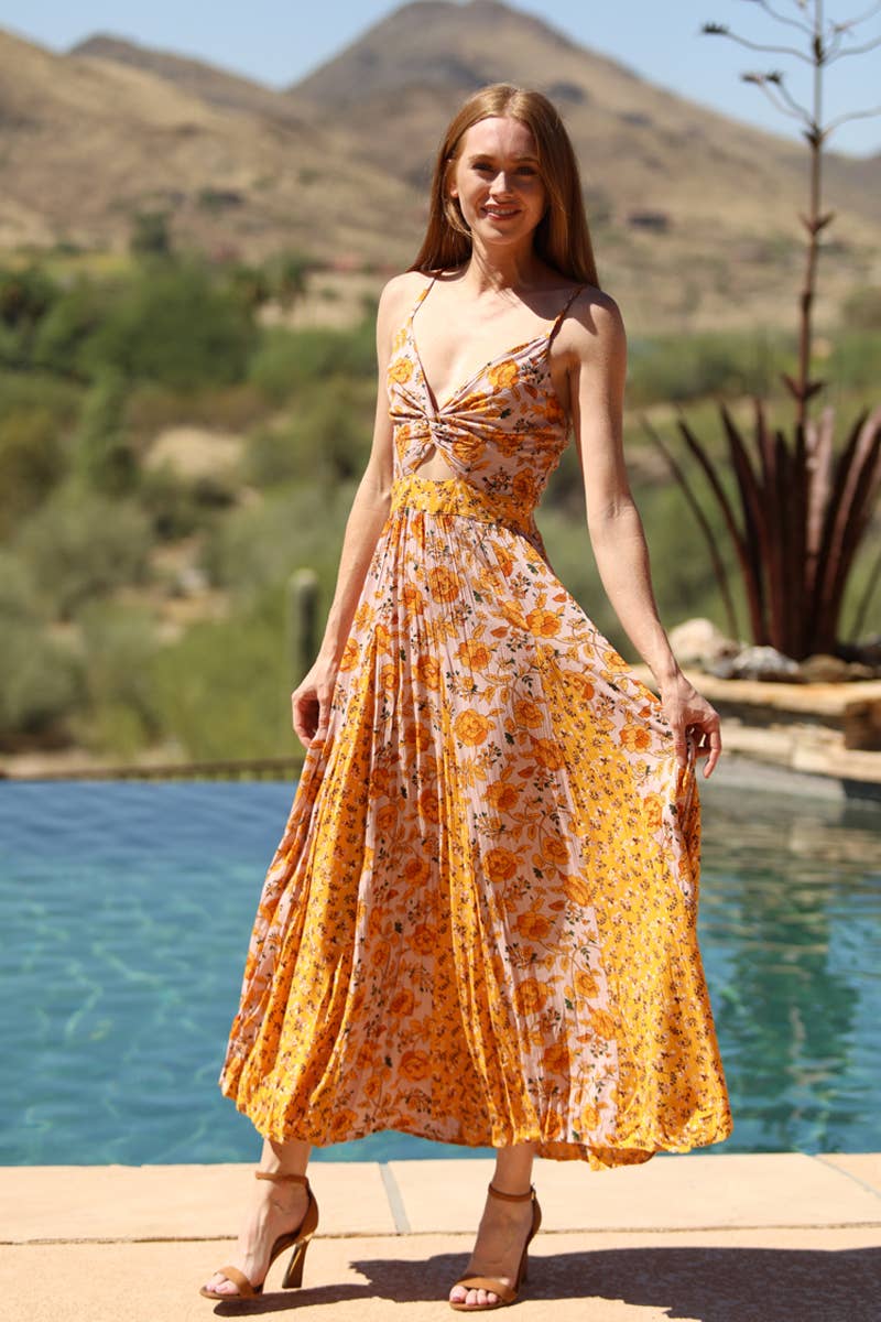 ANGIE - Wholesale Dress - Women's - C4C46-WA78-WA79 MIXED PRINT GODET MAXI DRESS WITH TWIST FRON0