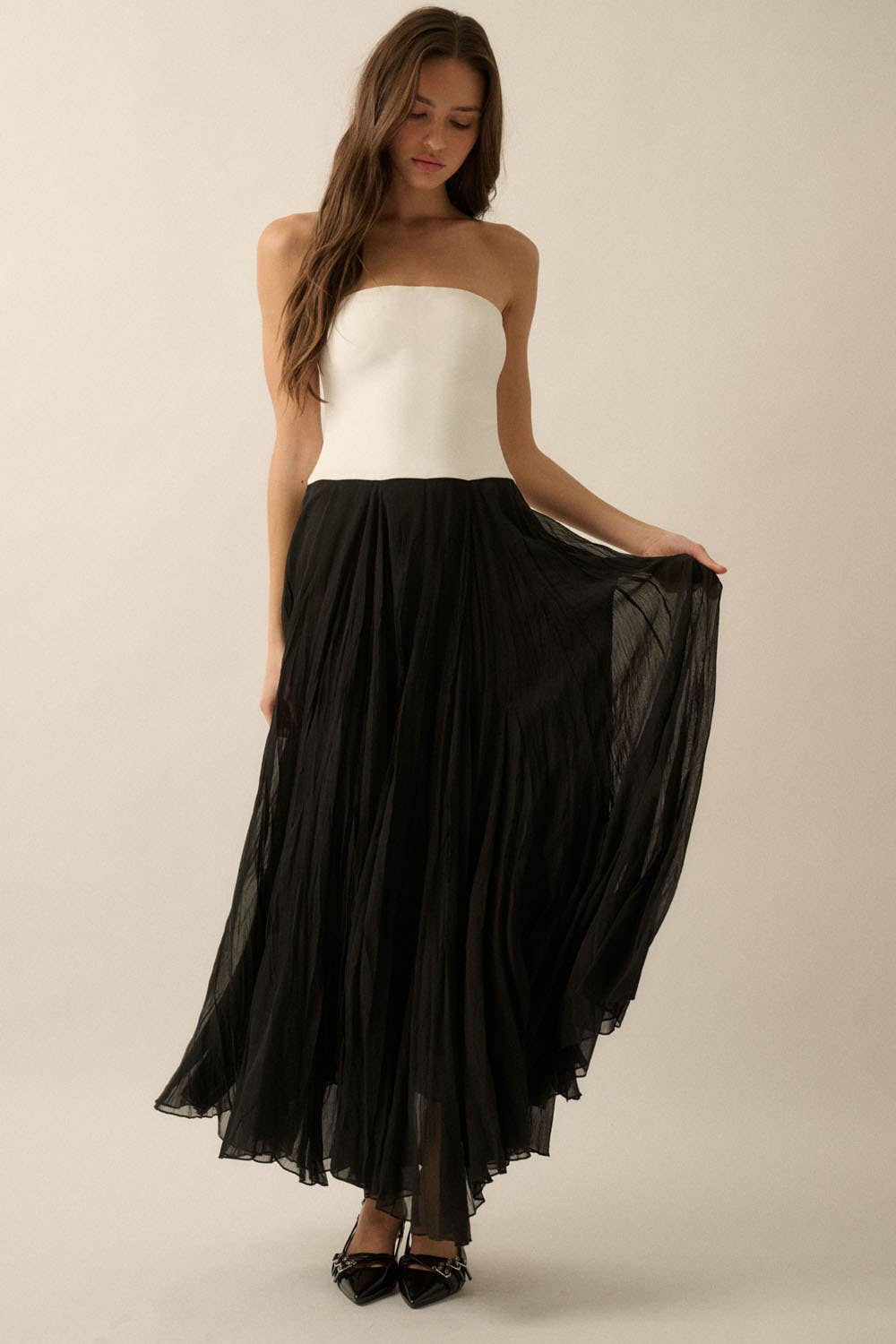 Promesa USA - Venta al por mayor Vestido - Mujer - Vestido largo de gasa texturizada sin tirantes a bloques de color9