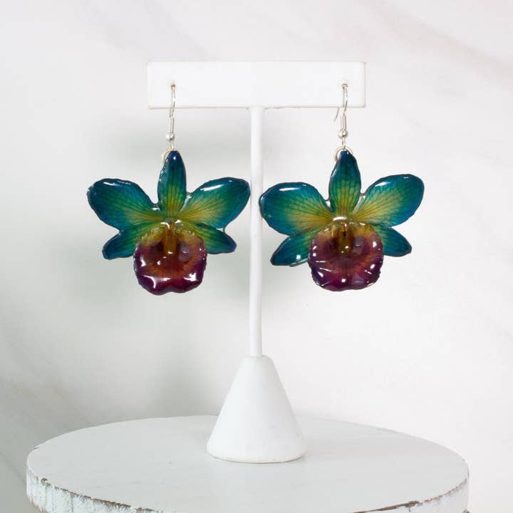 "Chrys" Real Orchid Earrings - Blue/Green- Limited Edition for wholesale by Devi & Co