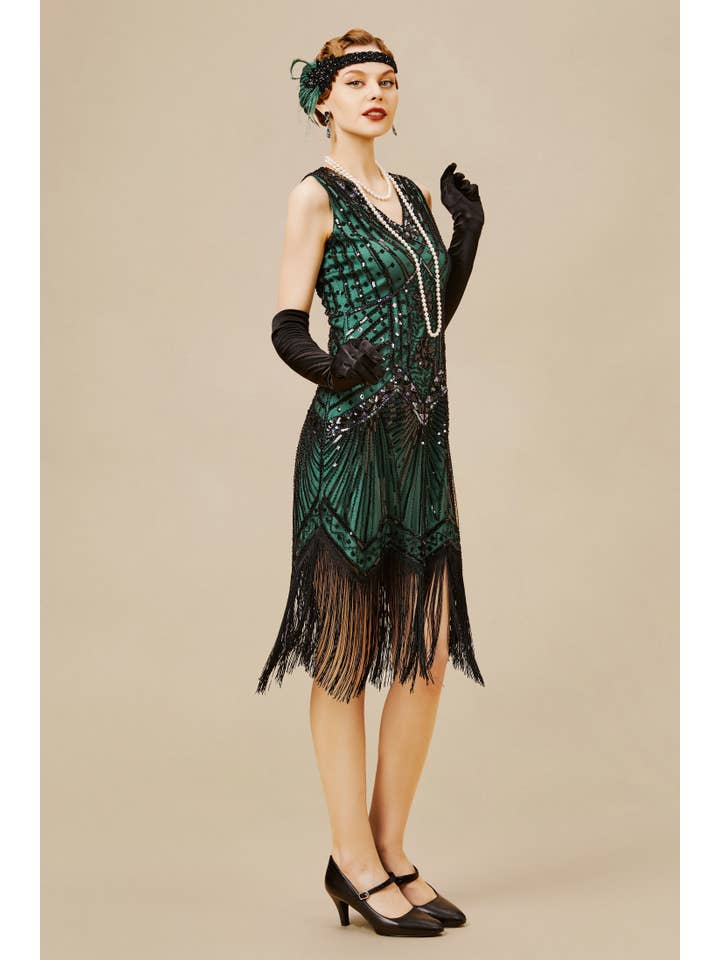 Dark Green Sleeveless V-Neck Cocktail Fringe Dress for wholesale on Faire2