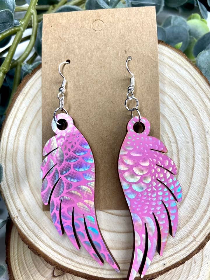 Pink Holographic Feather Wooden Earrings for wholesale by Lindsey Lane Wholesale
