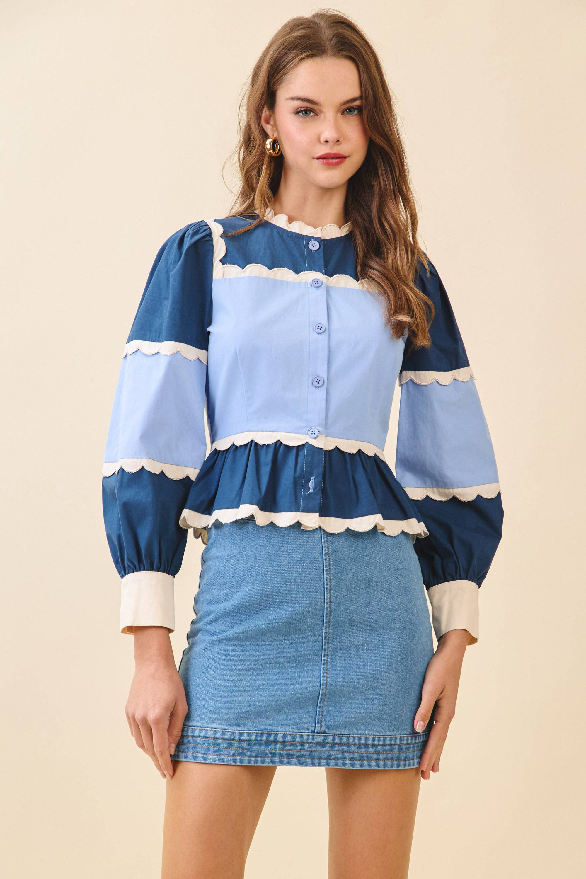 TCEC - Wholesale Button Down Shirt - Women's - CT9030S-Color Block Scalloped Detail Peplum Top1