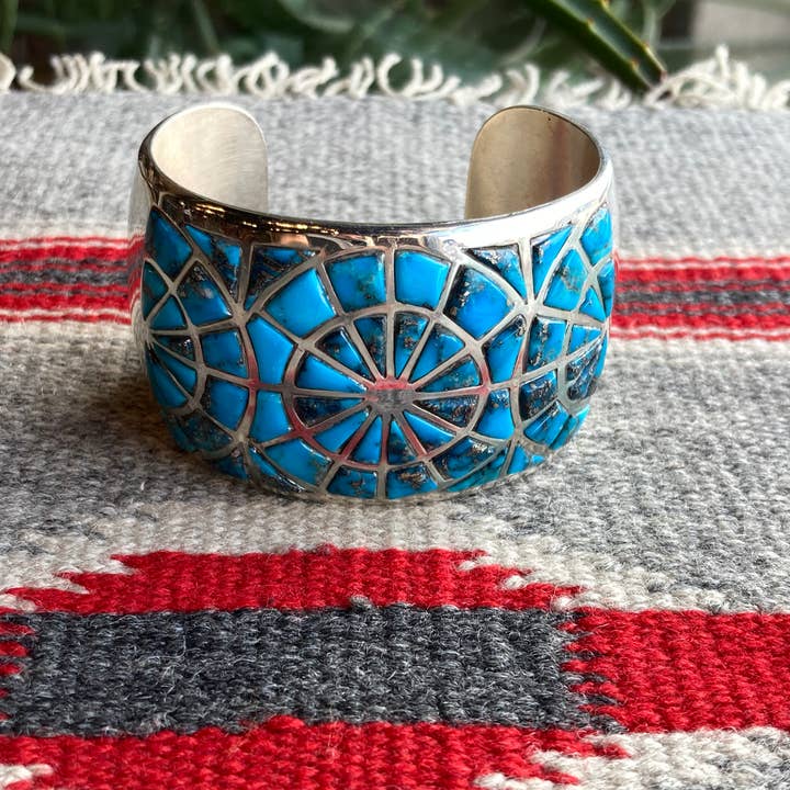 VINTAGE NATIVE AMERICAN NAVAJO TURQUOISE INLAY BRACELET for wholesale by Rainbow Trading Post