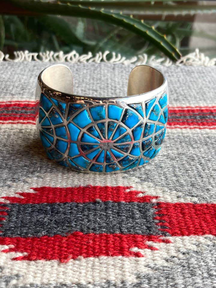 VINTAGE NATIVE AMERICAN NAVAJO TURQUOISE INLAY BRACELET for wholesale by Rainbow Trading Post