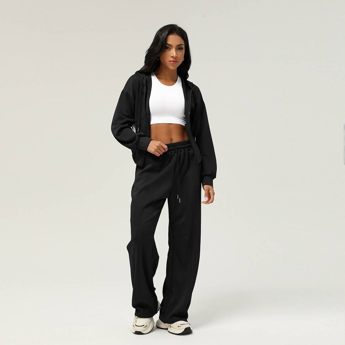 Sodalemon - Wholesale Activewear Set - Women's - 2pcs Zipper Hooded Jacket Drawstring Pants Sport Set12
