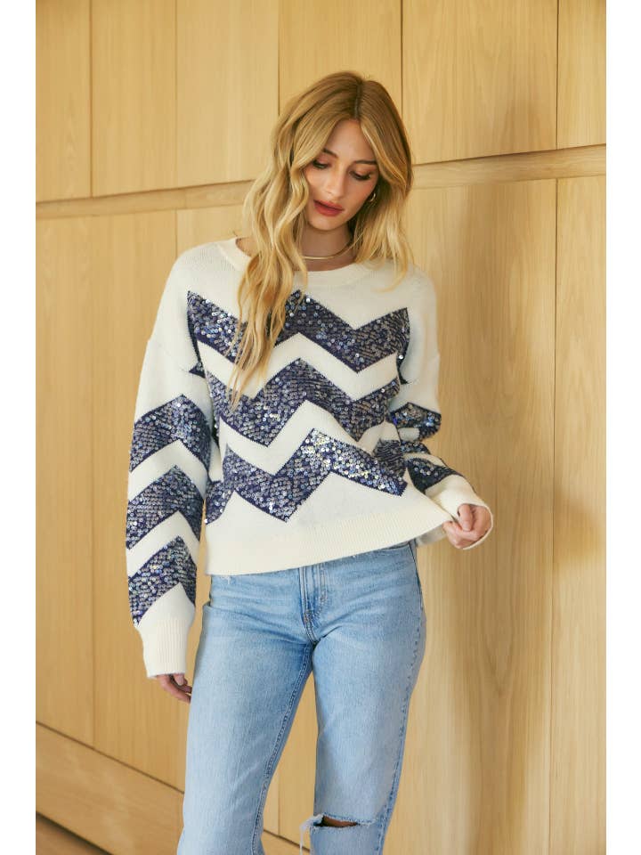idem ditto - Wholesale Knit Sweater - Women's - TWO TONE CHEVRON SWEATER WITH TRENDY CLEAR SEQUIN