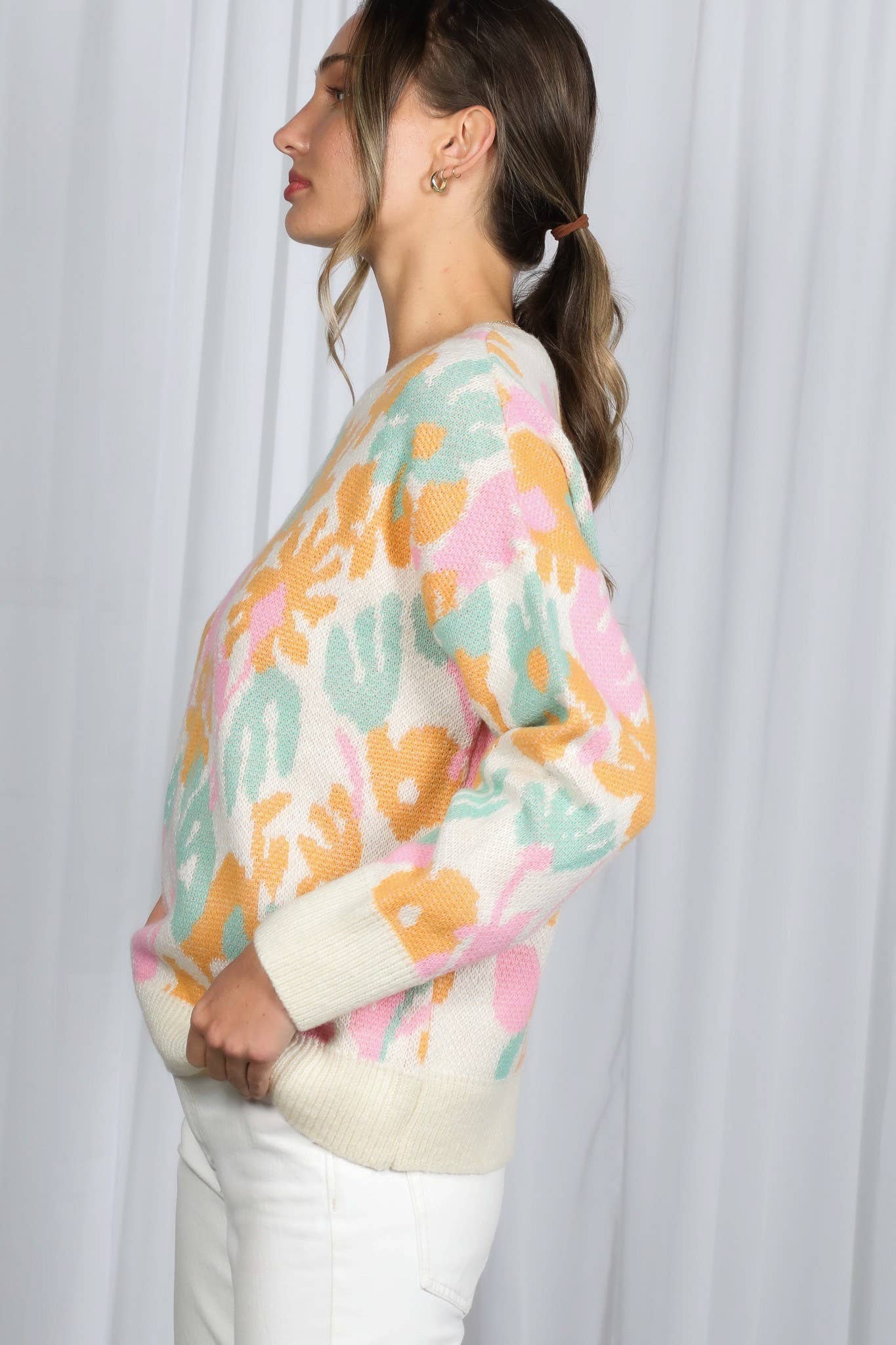 Cream Multi Floral Jacquard Knitted Sweater Top VT82628 for wholesale on Faire17