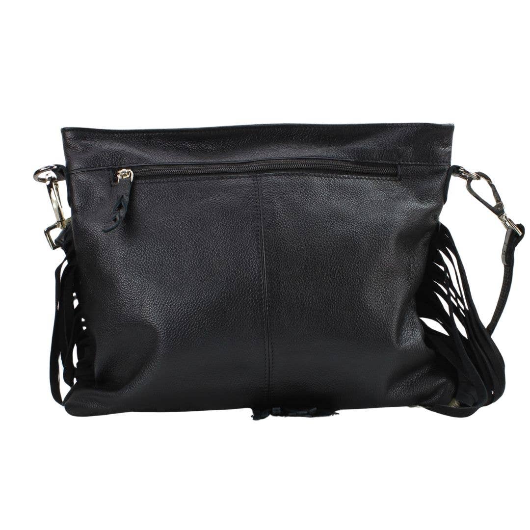 Leather Impressions Inc - Wholesale Crossbody Bag - Women's - AB Tooled Fringe HOH Zip Top Crossbody Bag #AB 24015