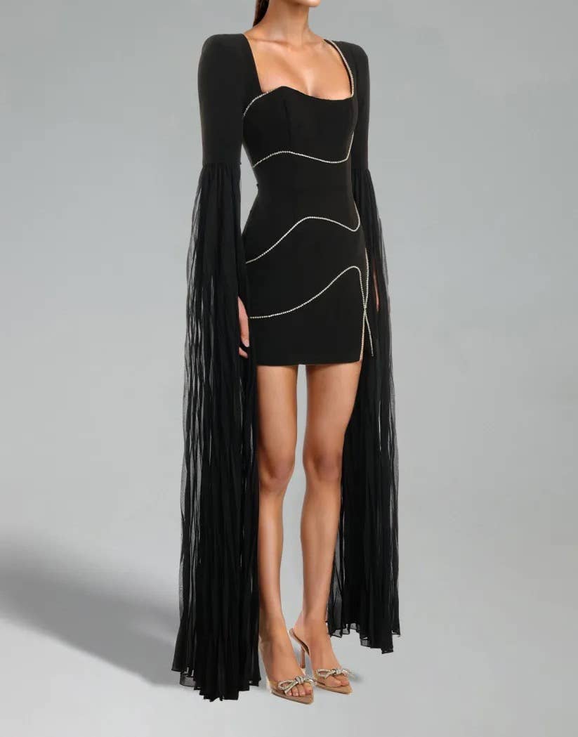 Svart DR364Bandageklänning med diamantkedjeslitsar och lång ärm för wholesale på Faire0