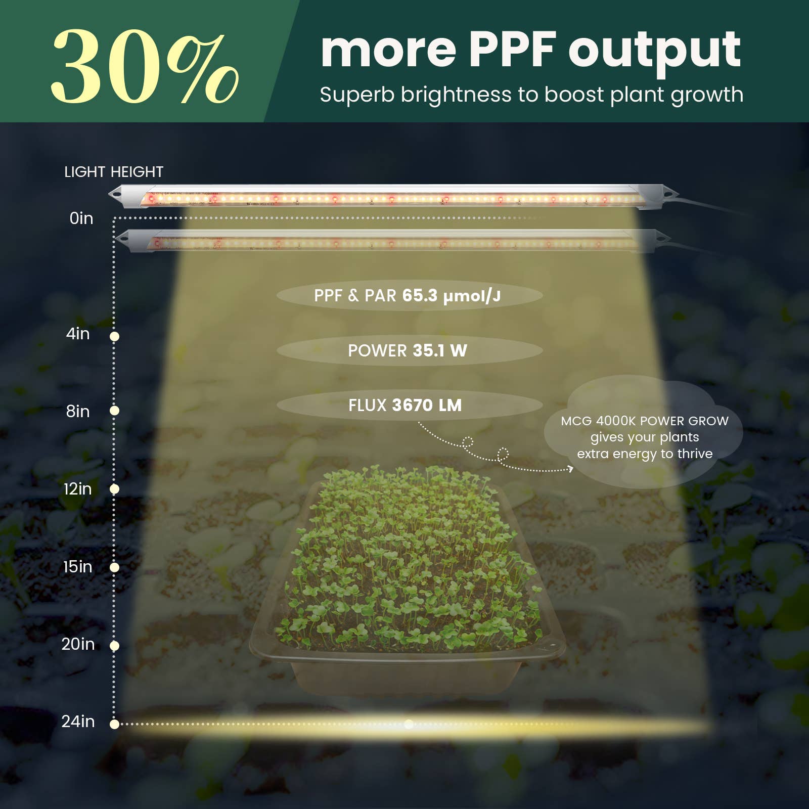 MY CITY GARDEN - Wholesale Garden Tool - POWER GROW, 2ft 4000K Full Spectrum LED Grow Lights, 2 pack 6