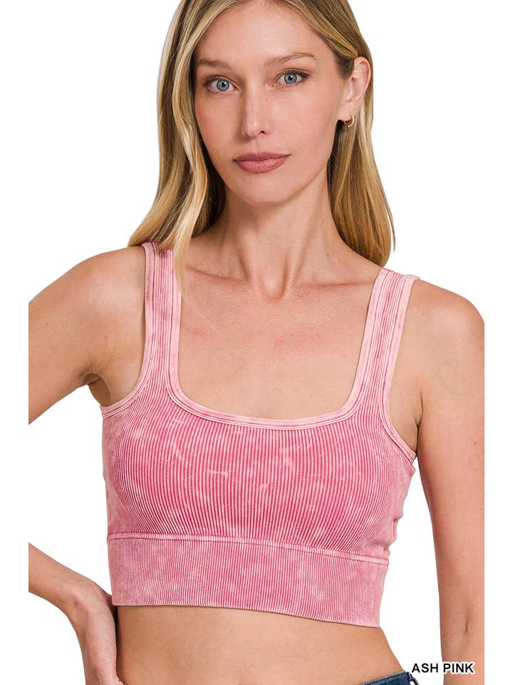 Vanilla Monkey - Wholesale Tank Top - Women's - Washed Ribbed Square Neck Cropped Tank Top With Bra Pads