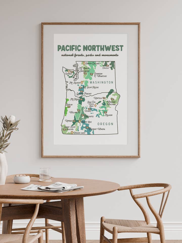 Pacific Northwest Adventure Wall Art | Hand-Drawn Map Print for wholesale by Wander Free and Queer