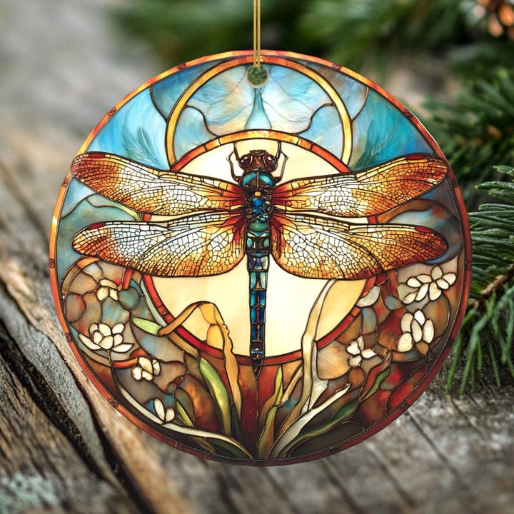 Sunlit Garden Dragonfly Ornament – Double Sided Porcelain Keepsake – Stained Glass Look Memorial Gift for wholesale by Peeping Tom's Cottage