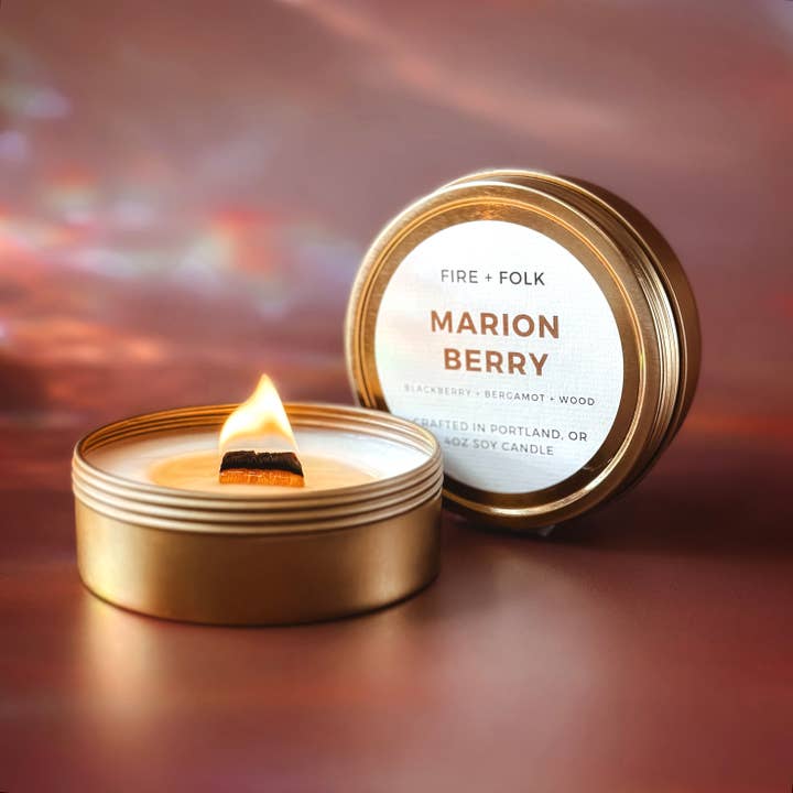 Marionberry | 4oz Wood Wick Soy Candle Tin for wholesale by FIRE + FOLK