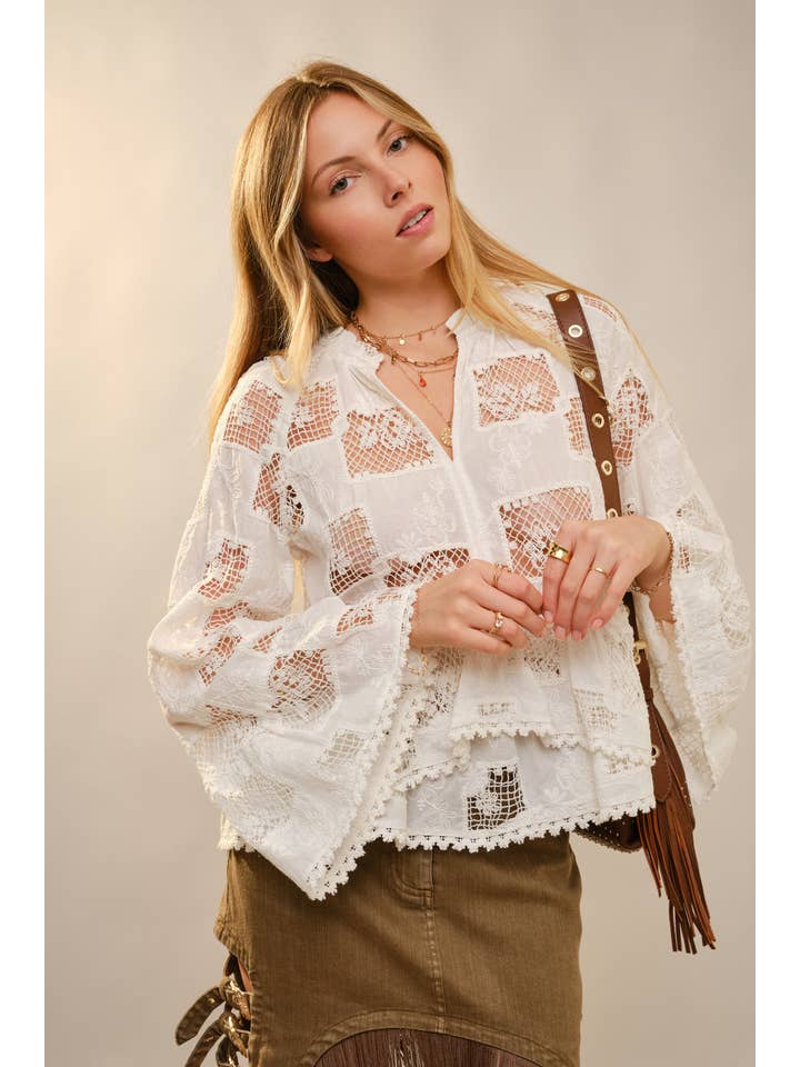 OFF WHITE 37129T Ruffle Sleeve Crochet Peplum Top for wholesale on Faire1