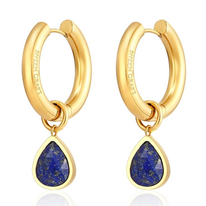 Créoles de 23,9 mm en métal doré avec pendentif en lapis-lazuli. pour la vente par Shinka Trading LTd