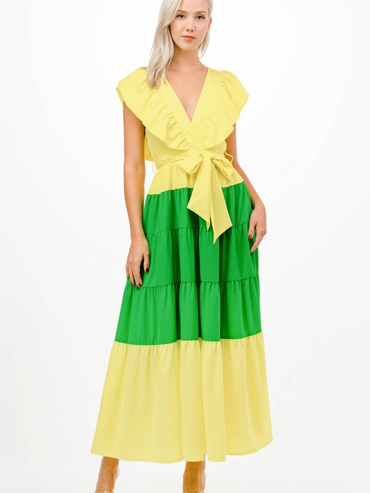 Abito midi a blocchi di colore con parte superiore a balze per la vendita all'ingrosso da parte di Dear Daisy