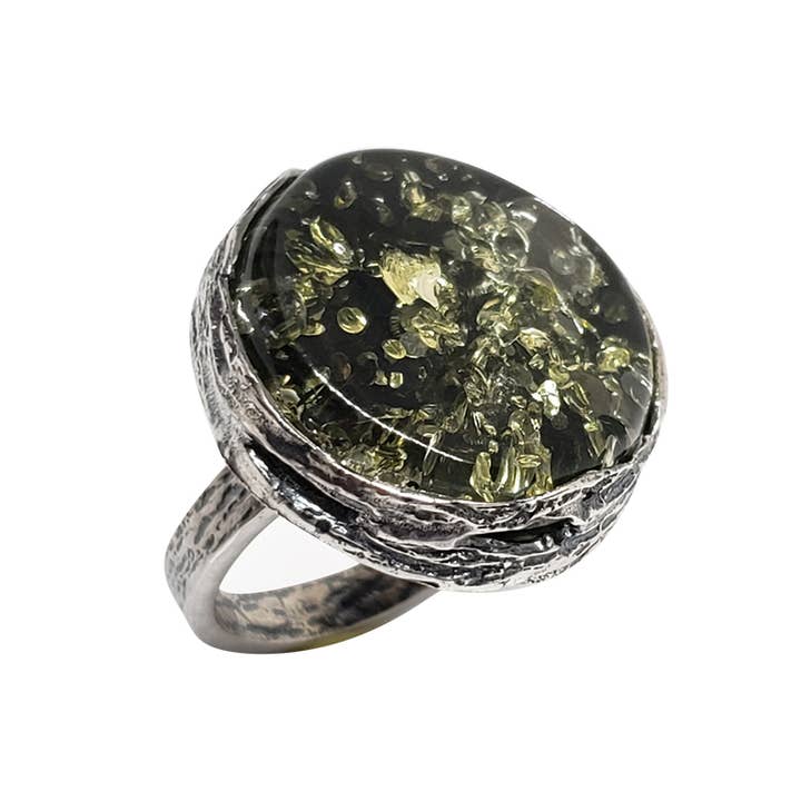 Green Amber Handmade Silver Adjustable Ring for wholesale by Amberman