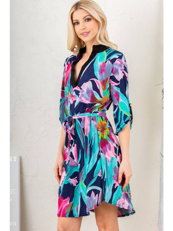NAVY ED6111-11 MANDARIN COLLAR MULTI COLOR FLORAL DRESS for wholesale on Faire