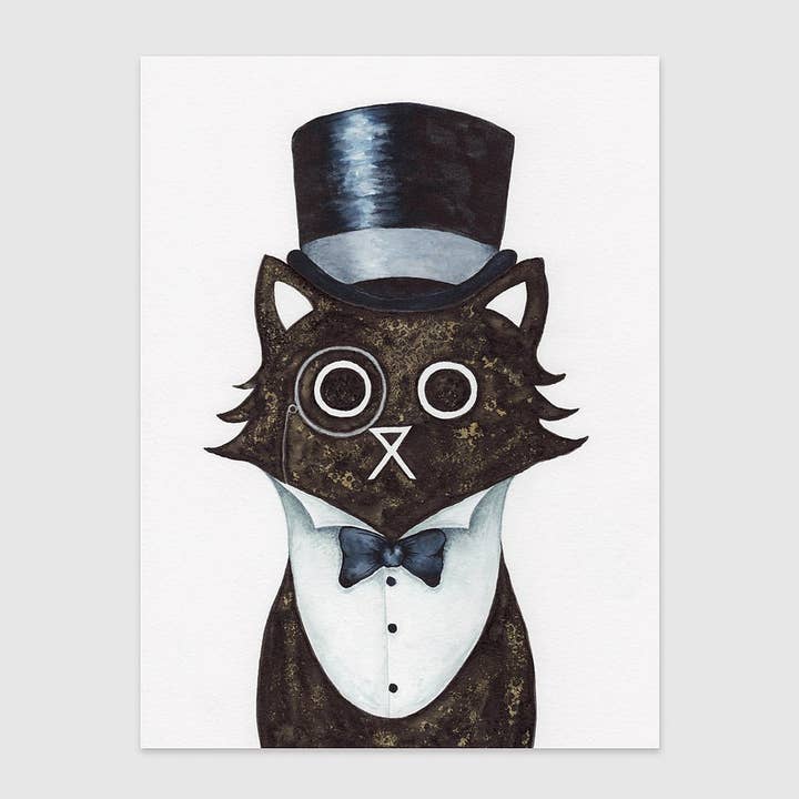 Dapper Cat Wall Art Print, Black Cat Art Print for wholesale by Baldy And The Fidget