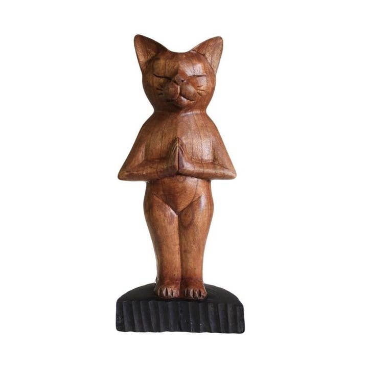 Hand-carved wooden Yoga Cat Statue - Pranamasana for wholesale by Casa Lotus