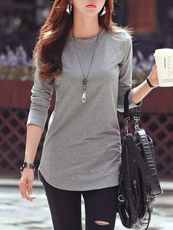 Sheer Trend - Wholesale Tunic - Women's - Long Sleeves Solid Color Round-Neck T-Shirts Tops0