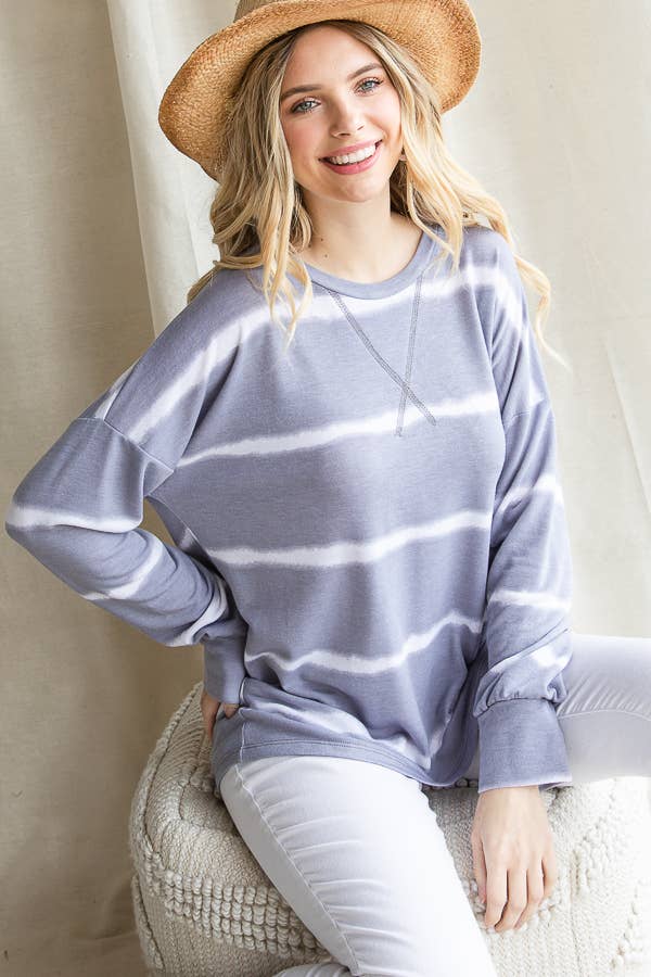 7th Ray – Engroshandel Strikket top - Dame – Stribet Tie Dye V-søm Drop Shoulder Langærmet Top T35653