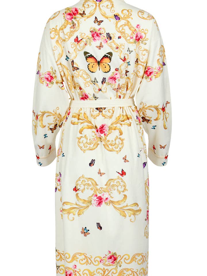 Lange Robe mit weißen Schmetterlingen für den Großhandel von Wrap Up by VP