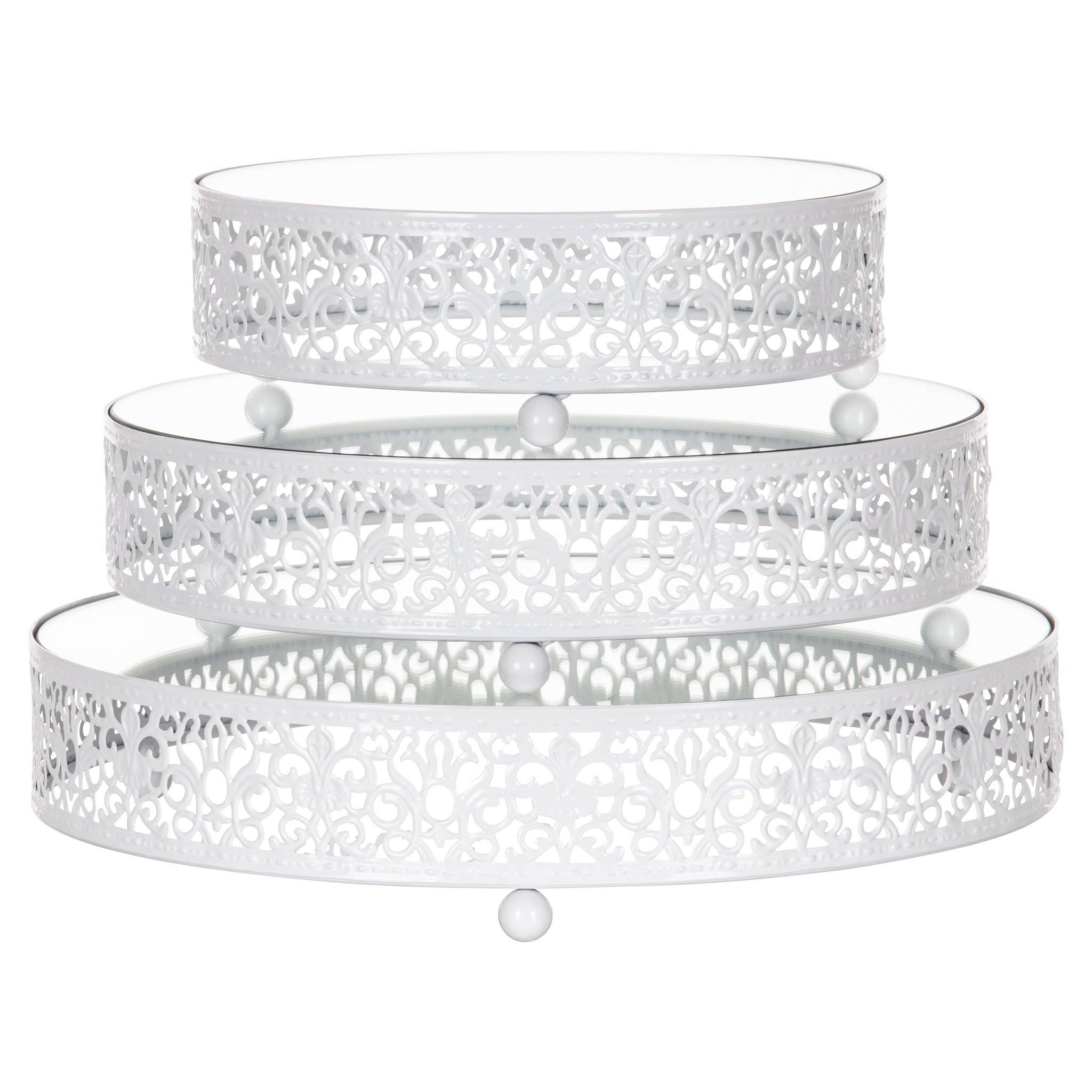Amalfi Decor - Wholesale Serving Tray - 3-Piece Round Mirror-Top Decorative Tray - White3