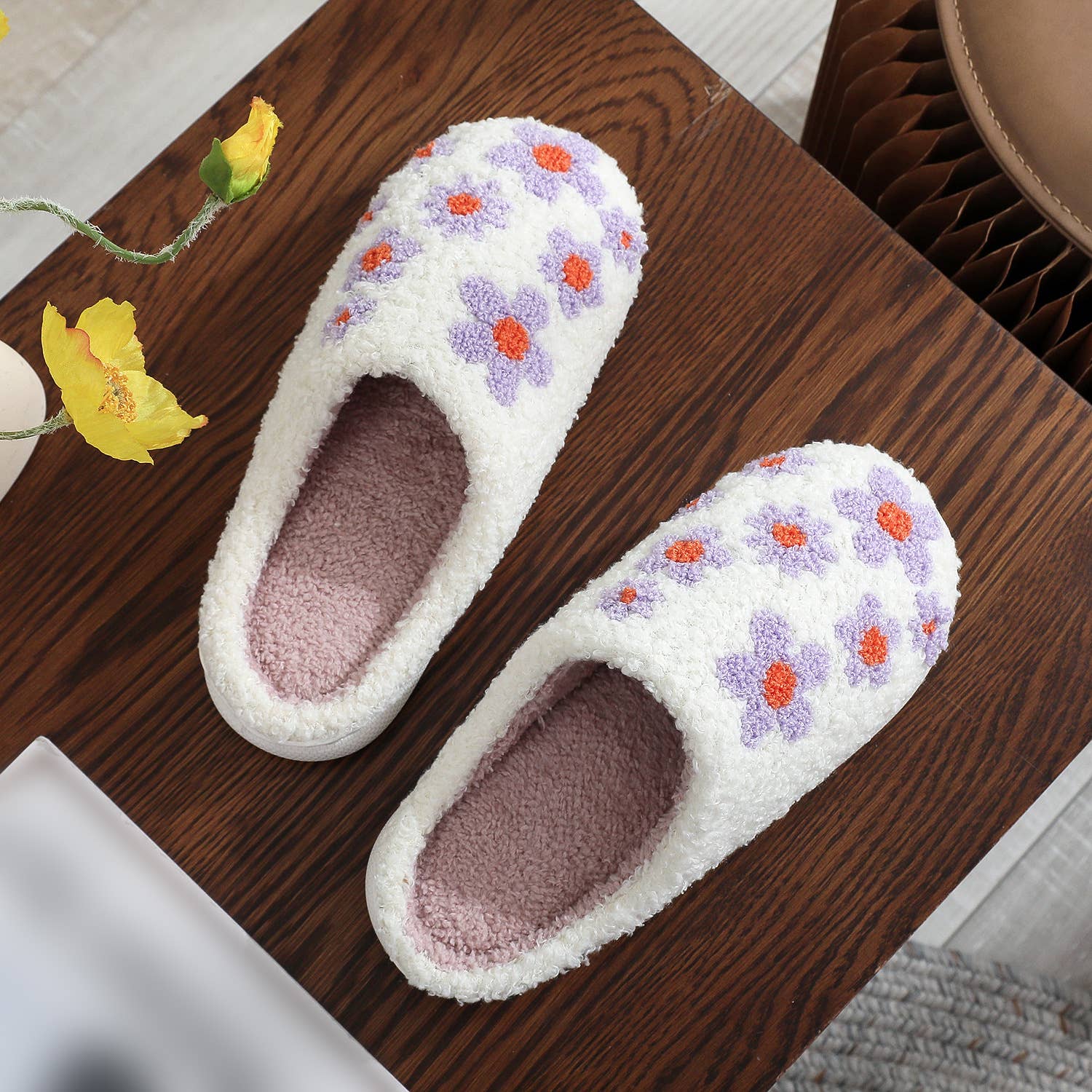 White  Lavender Lilacs Knit Plush Home Slippers  for wholesale on Faire2