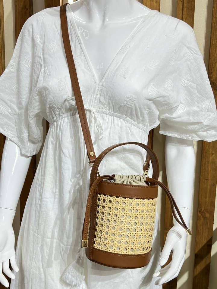 Chantal Wicker Rattan Leather Bucket JIJOU CAPRI for wholesale by JIJOU CAPRI