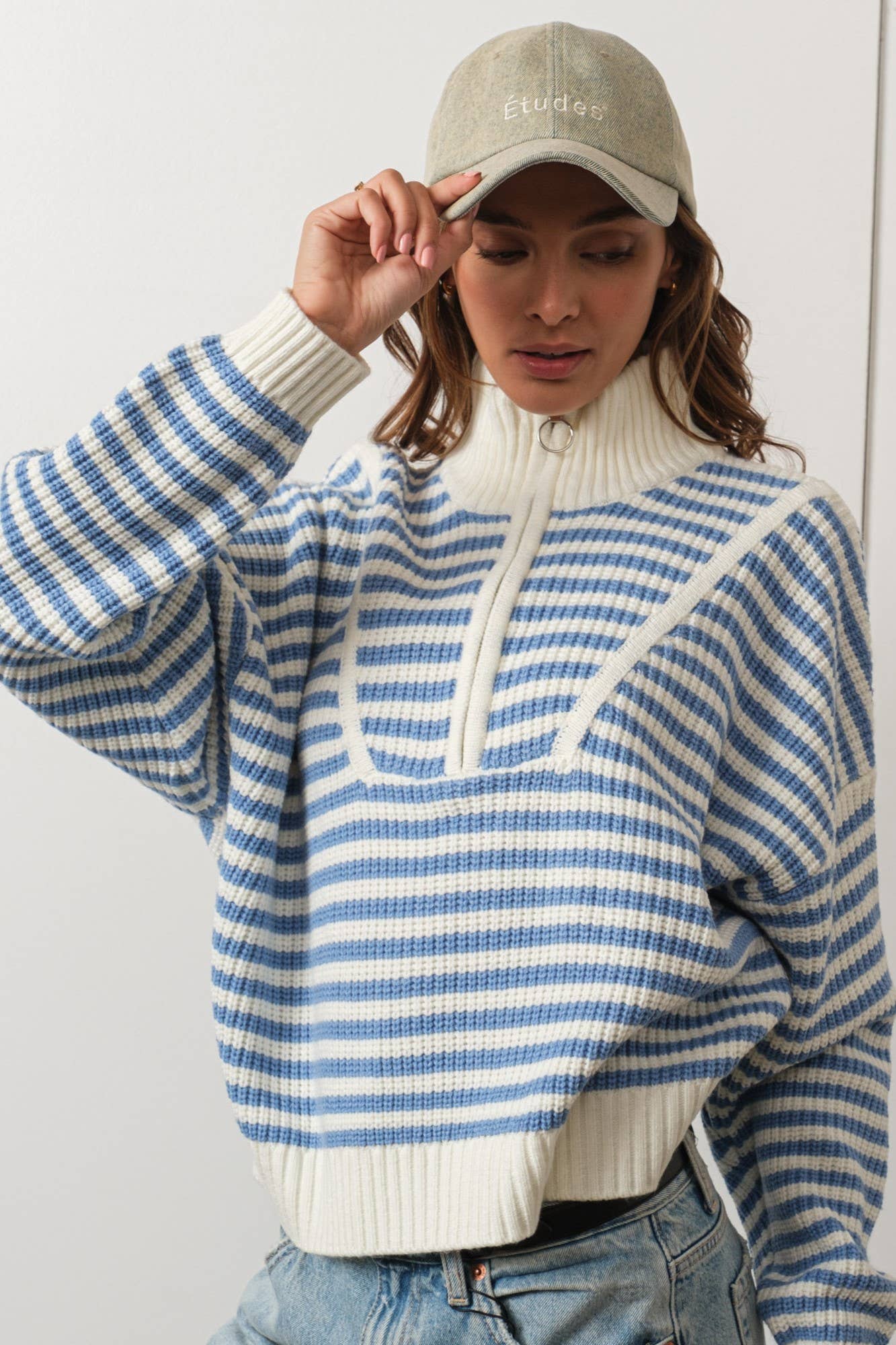 Creamon - Wholesale Knit Sweater - Women's - Preppy Californian Half-zip Striped Sweater-GREEN12