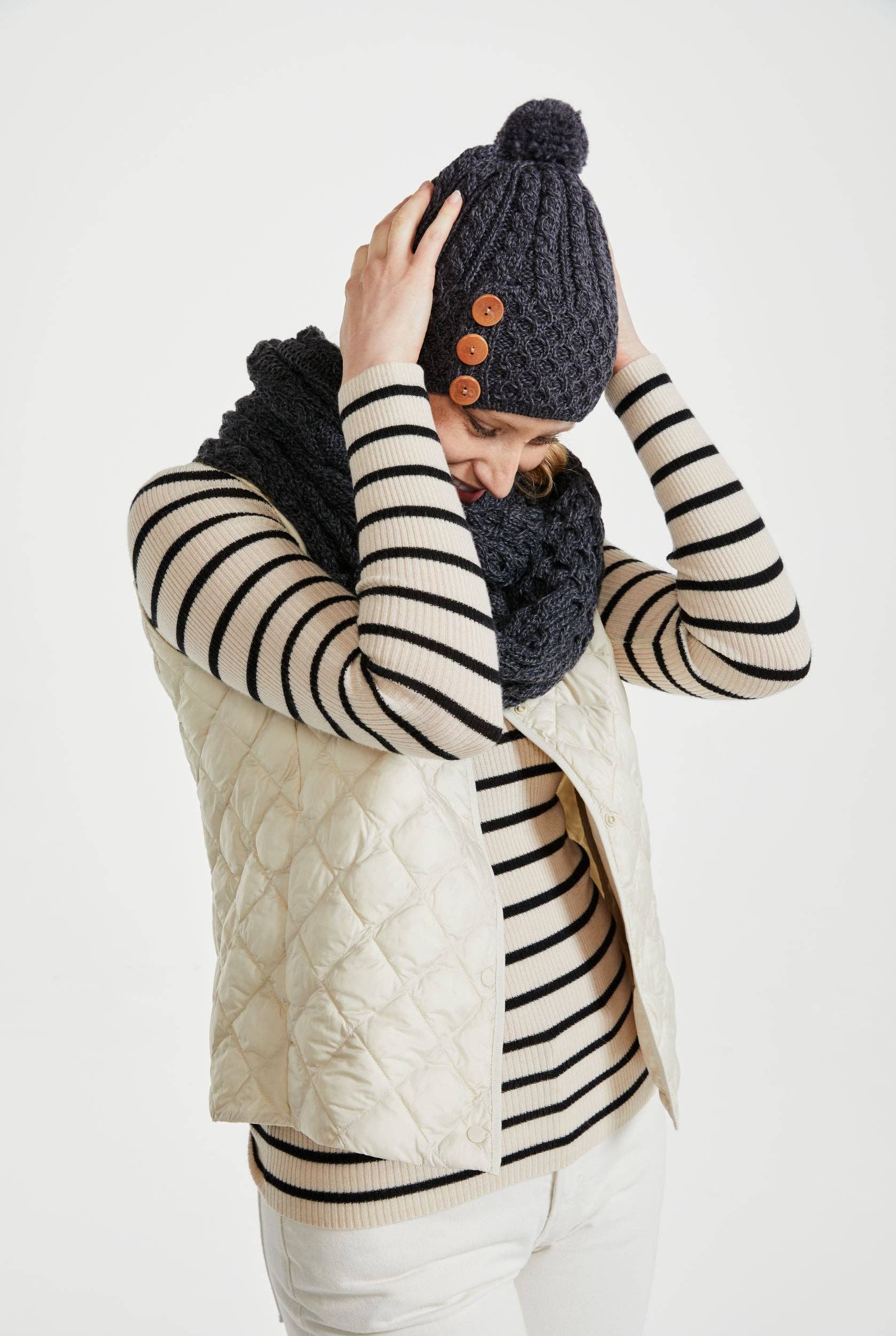 Aran Woollen Mills - Wholesale Beanie - Women's - Shrule Aran Hat with Pom Pom - Grey3