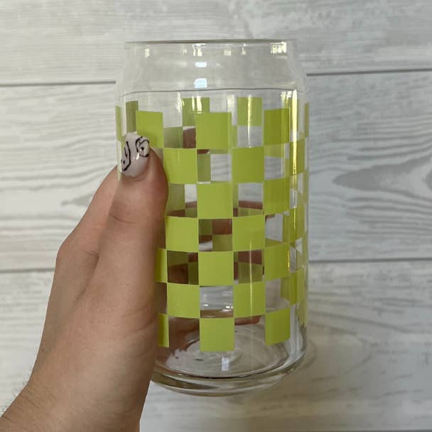16oz Green Checkered Beer Can Glass for wholesale by Mason Jar Designs