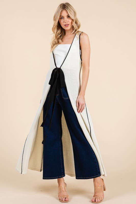 Cream Plus Maxi Front Tie Cardigan Vest OC50716PL for wholesale on Faire6