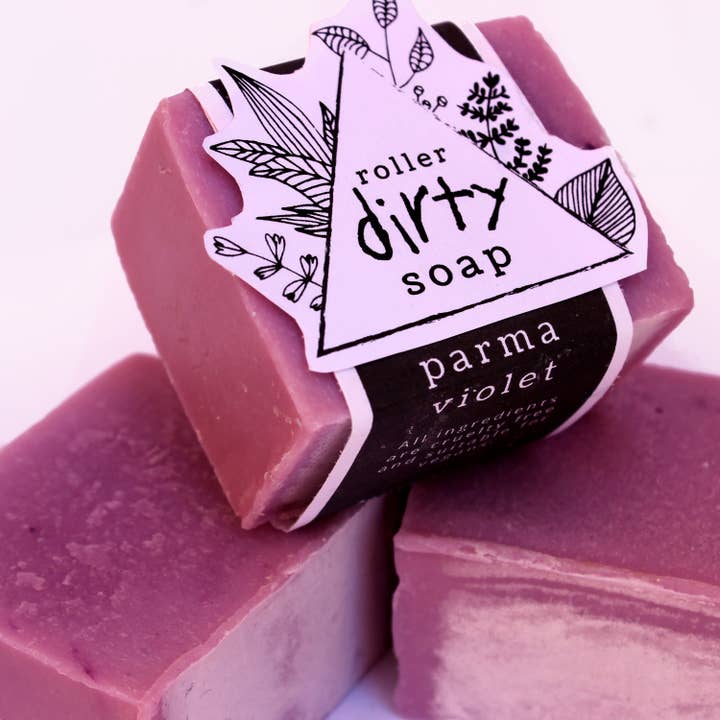 Savon artisanal | Savon rustique | Savon végétalien entièrement naturel à la violette de Parme, sans cruauté envers les animaux, évalué et certifié (procédé à froid) pour la vente par Roller Dirty Soaps