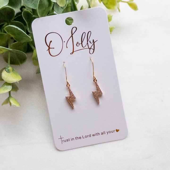 O’Lolly Jewelry - Wholesale Dangle Earrings - Gold Rhinestone Bolt Simple Earrings