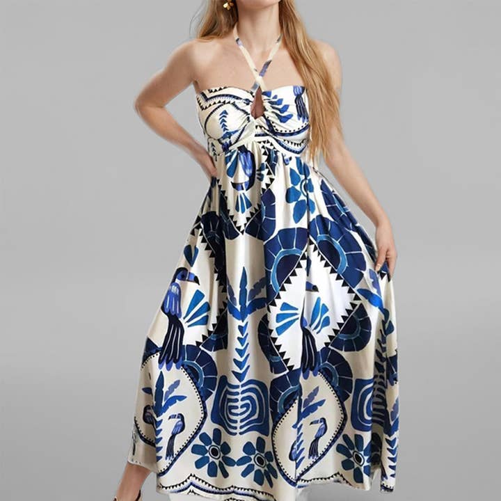 Print fashion halter halter lace-up loose dress for wholesale by Lily Clothing