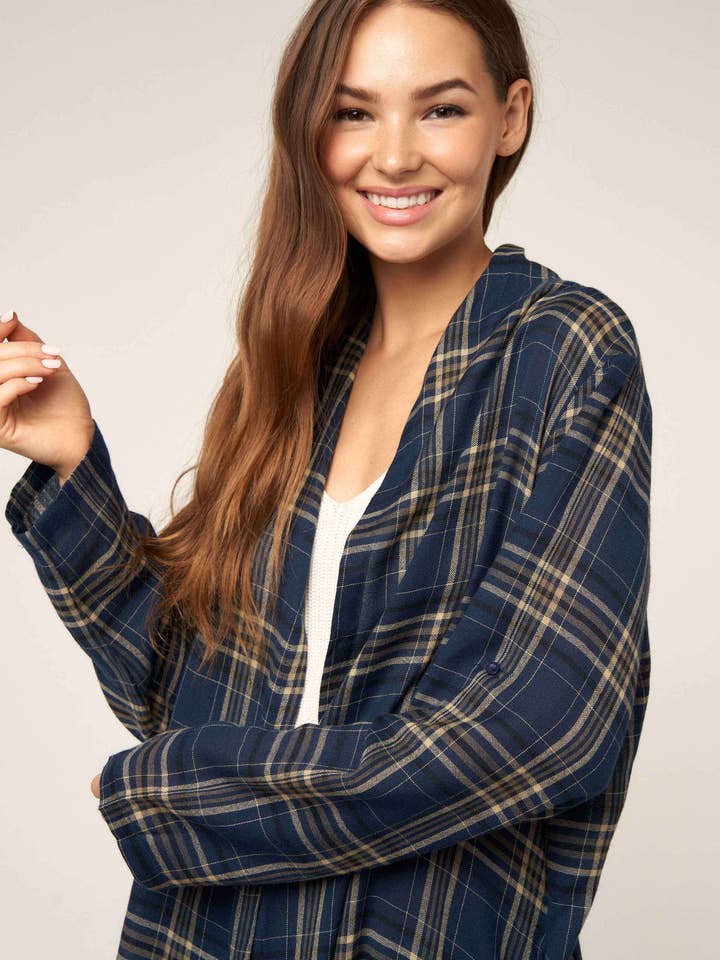 NAVY PLAID MAXI COVER UP / CARDIGAN for wholesale on Faire2