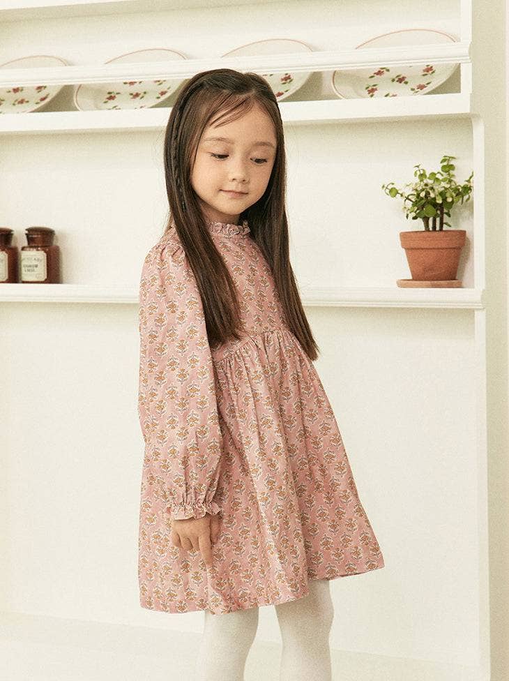 ToTo Heros – Vestido - Crianças por atacado – Vestido rosa com decote com babados com estampa floral6