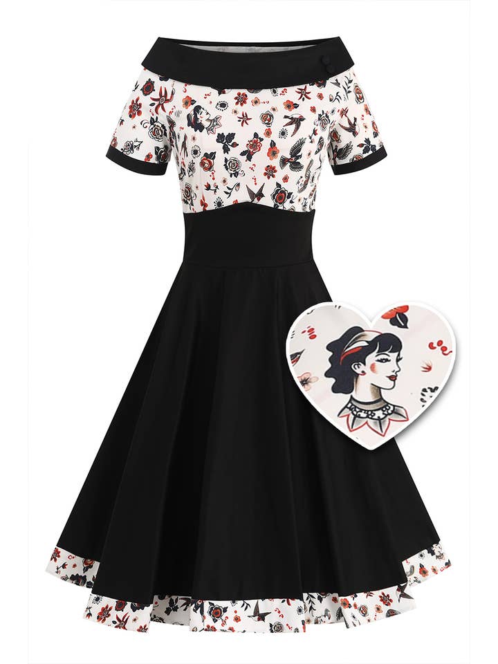 Dolly & Dotty – Großhandel Kleid – Damen – Darlene Swingkleid mit Rockabilly-Tattoo-Print, schwarz