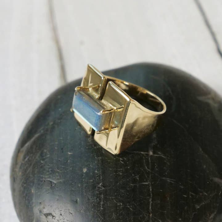 Brass Rectangle Ring with Labradorite Stone for wholesale by Baizaar