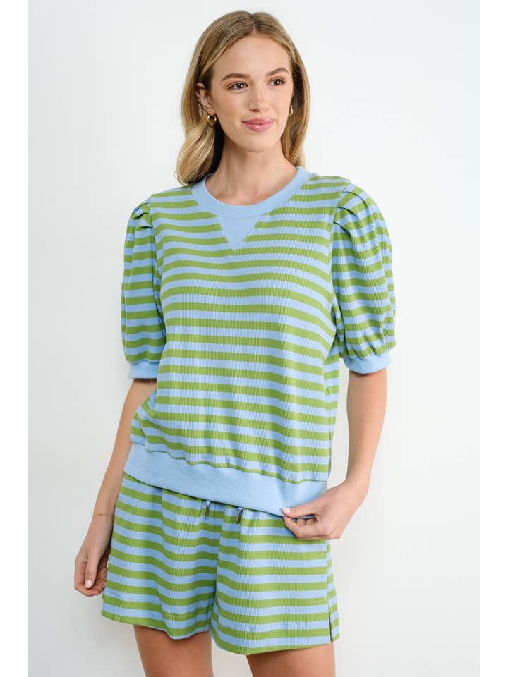 Promise LA – Großhandel Sweatshirt – Damen – Sweatshirt mit farbigem Streifen und Puffärmeln im Resort-Stil2