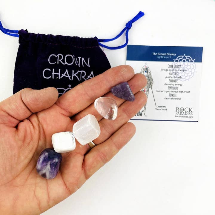 Rock Paradise - Wholesale Spiritual Stone/Crystal - Crystal Chakra Plush Pouch with Info Card & Tumbled Stones1